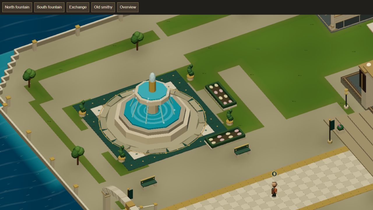 The fountain and stone paths at the Gilded Exchange